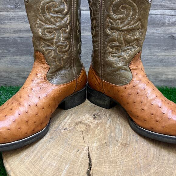 Goyazes Men - Size 9 - Olive Green/Tan Ostrich Cowboy Boots Style 359340 - Picture 4 of 11